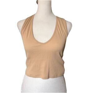 ZARA Womens Large Cropped Tank Top Ribbed Beige Nude Vneck Scoop Fitted Tee